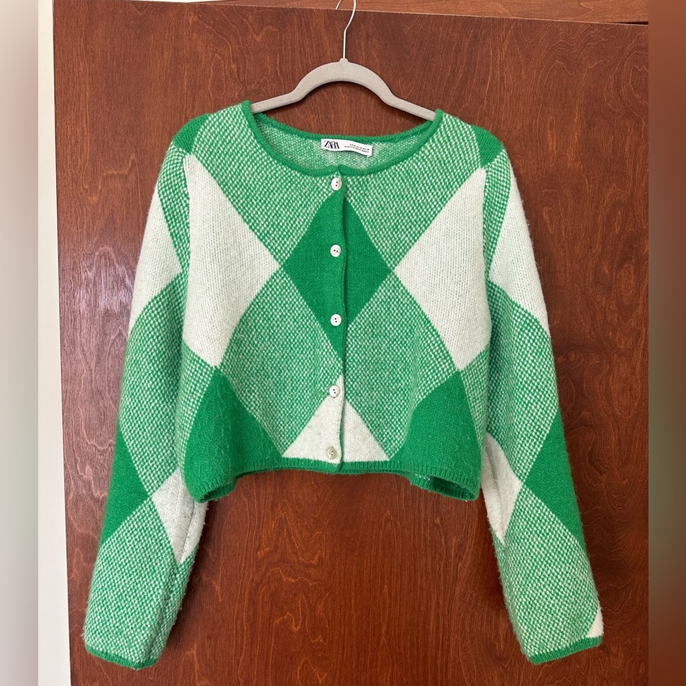 Zara Green Argyle Fuzzy Sweater - Medium